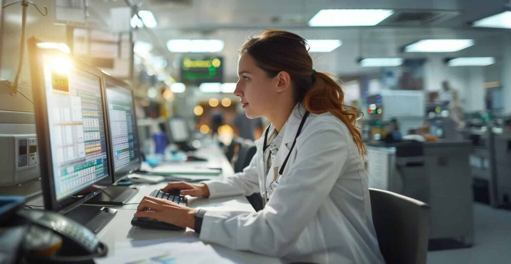 Worker at a multi-monitor workstation in a busy open-plan operations room