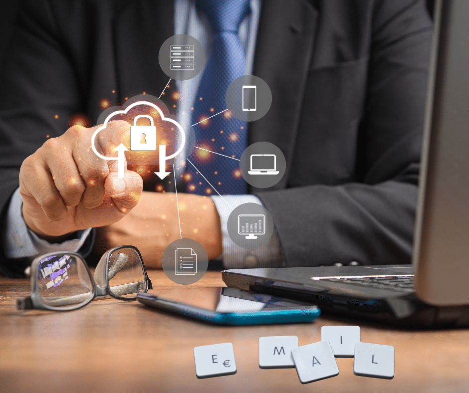 Illustration of email and cloud security controls blocking a phishing attempt and unauthorized access