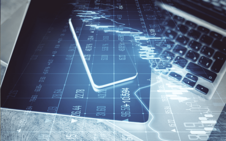 Graphic of a laptop over a data grid representing asset and shipment records