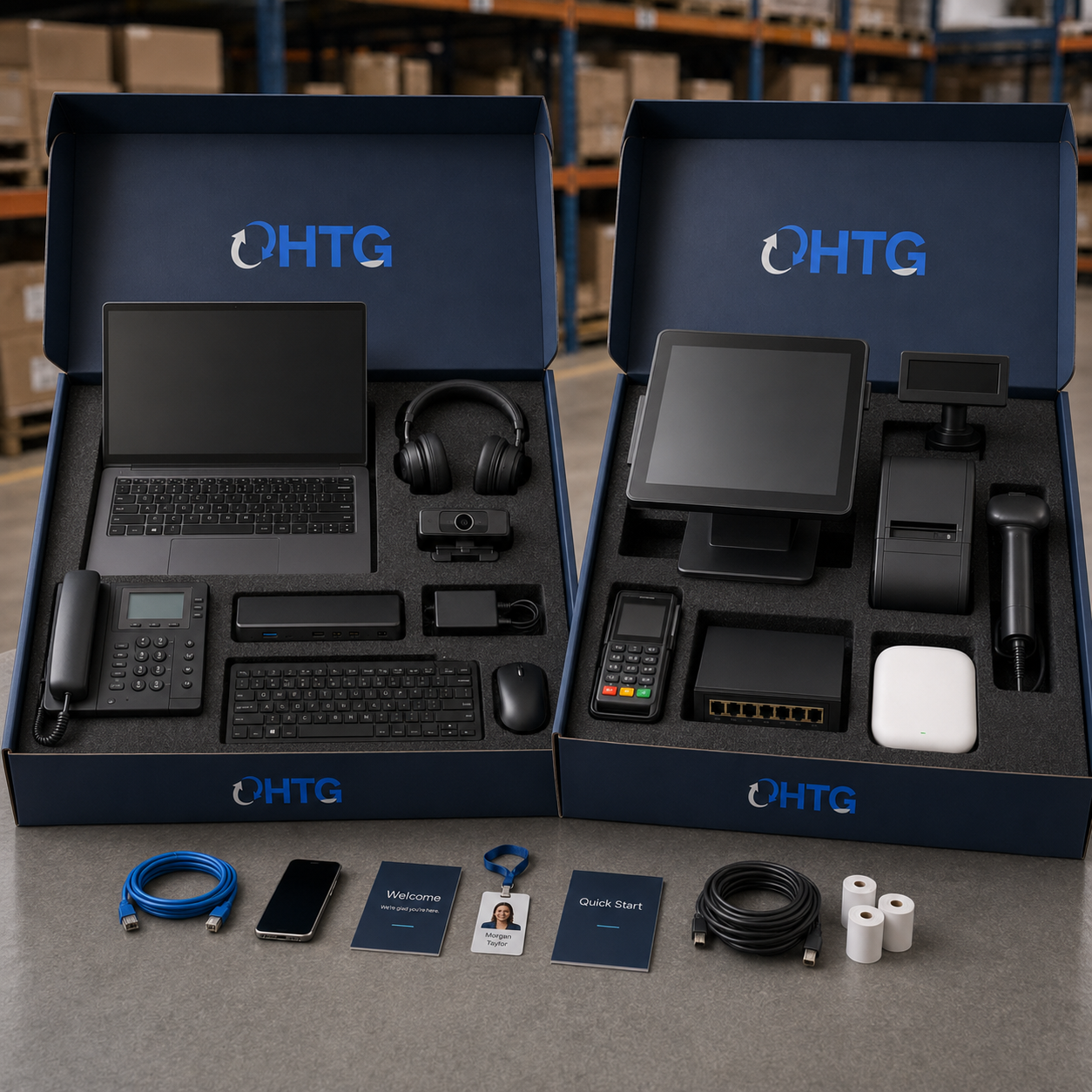 Open HTG boxes with laptop POS terminal phone cables and accessories