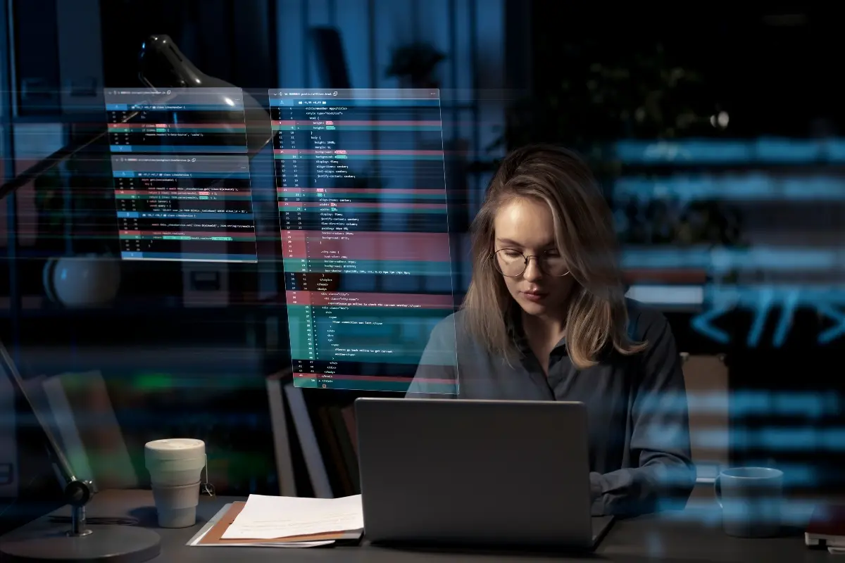 Cybersecurity professional reviewing code and suspicious activity