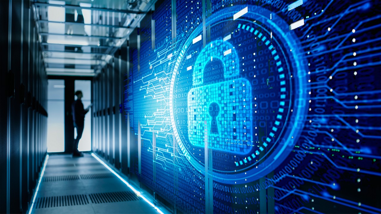 Digital cybersecurity lock protecting a modern data center