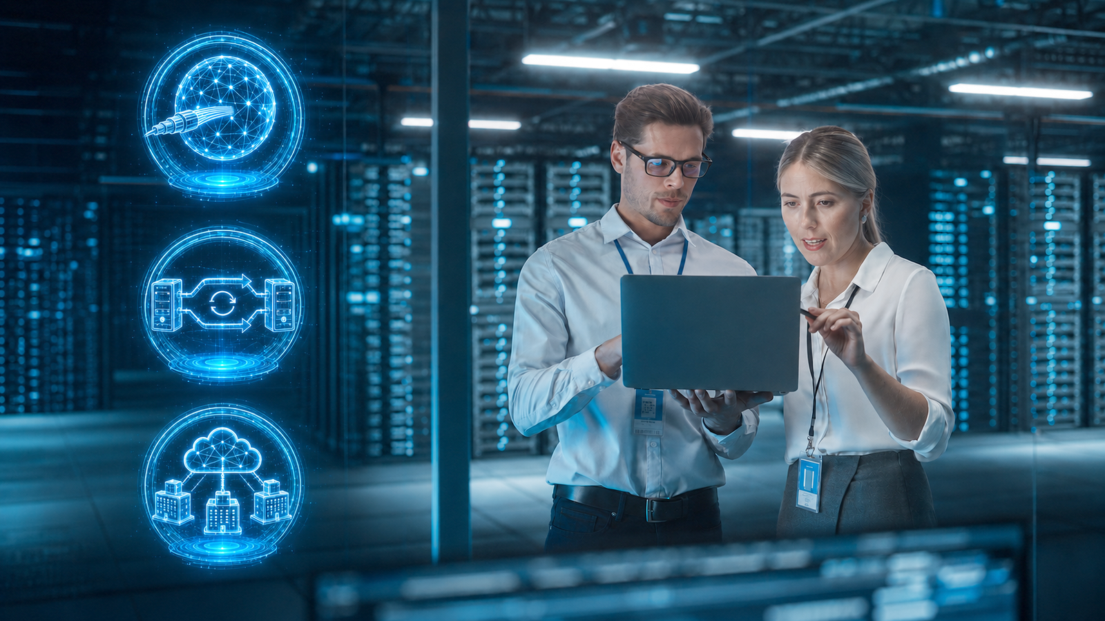 Modern data center representing connected infrastructure and business communications