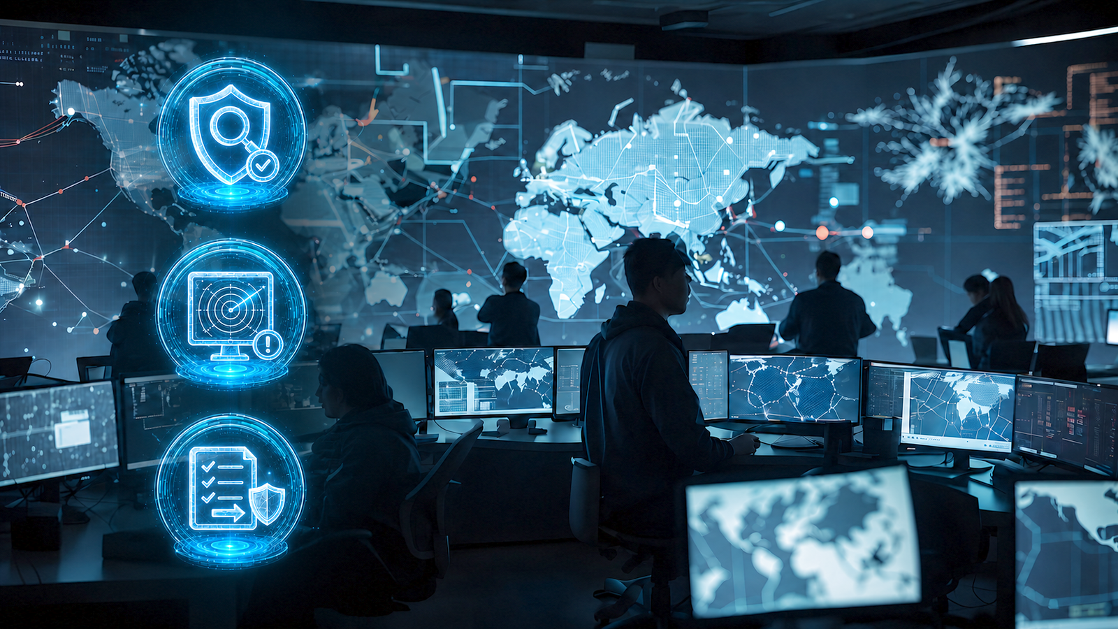 Cybersecurity analyst monitoring threats with a blue holographic security interface