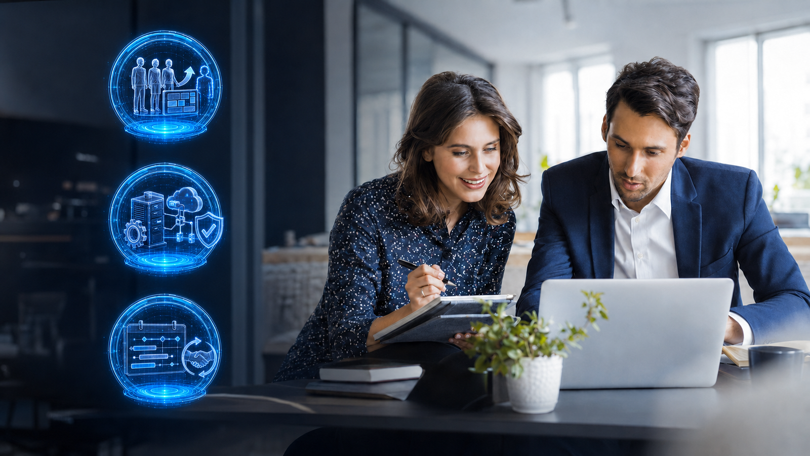 IT consultant reviewing a business technology roadmap and strategic planning dashboard