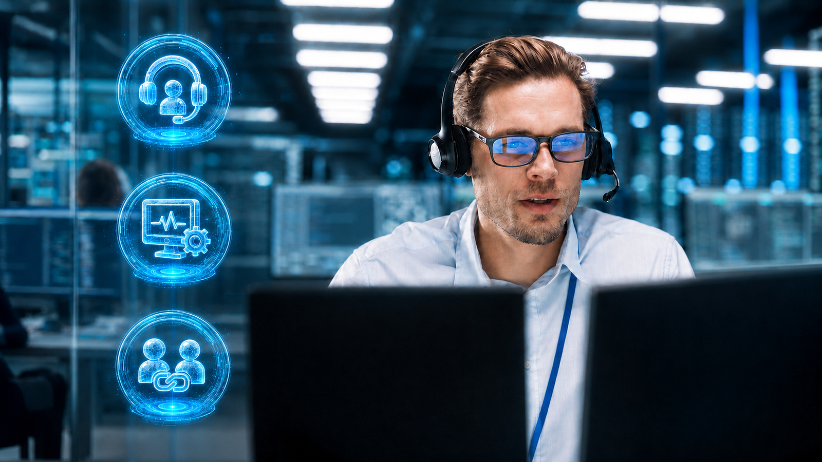 IT support specialist reviewing managed operations and endpoint monitoring dashboards