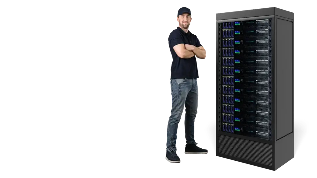 Technician standing beside a server rack