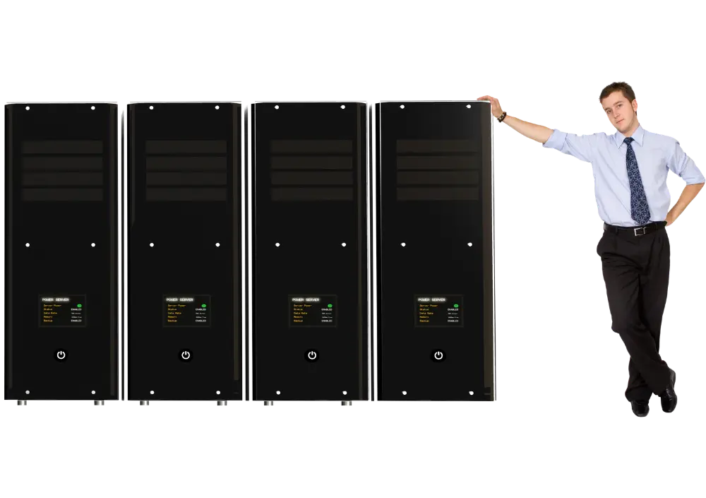 Row of server racks with a technician standing alongside