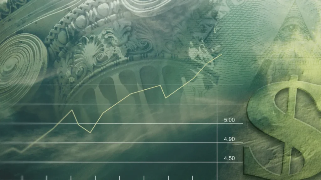 Financial chart and currency graphic representing financial IT services