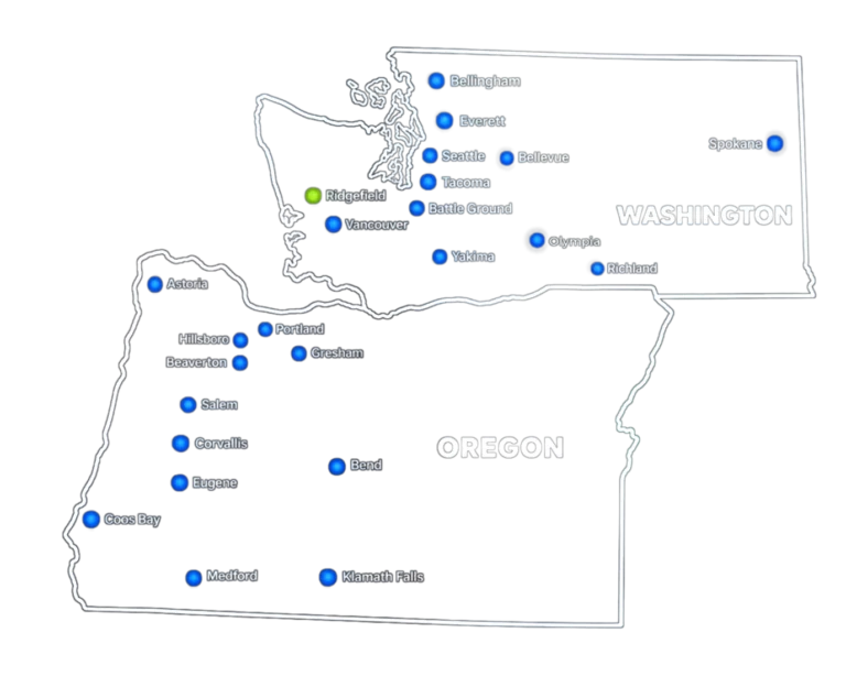 Map of Oregon and Washington marking the cities HTG supports