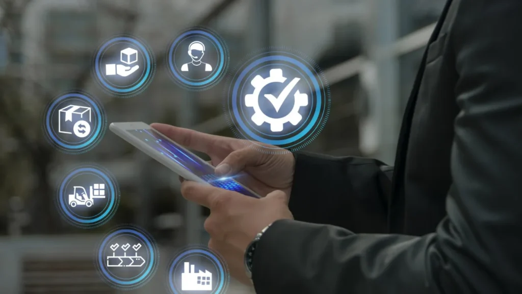 Hand holding a phone with service coordination icons overlaid
