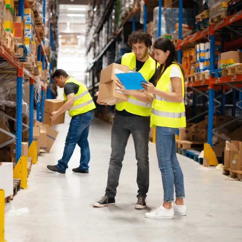 Staff checking boxed equipment in a warehouse aisle