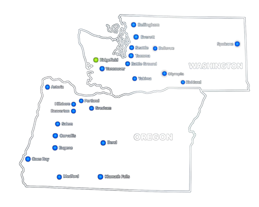 Map of Oregon and Washington marking HTG&rsquo;s Ridgefield headquarters and cities across both states