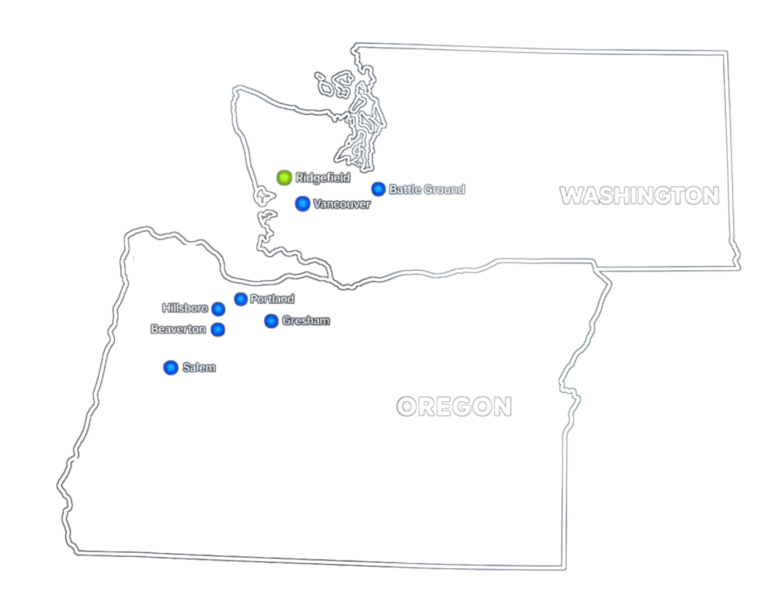 Outline map of Oregon and Washington marking HTG's Ridgefield headquarters and cities across Southwest Washington and the Portland metro