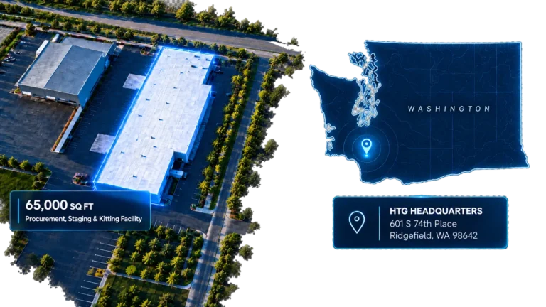 Aerial view of HTG's 65,000 square foot Ridgefield procurement, staging and kitting facility, with a Washington state map marking HTG headquarters at 601 S 74th Place, Ridgefield