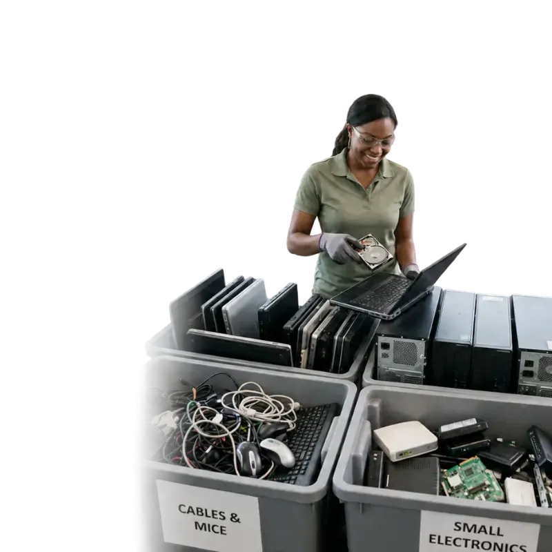 Worker sorting retired laptops, cables and small electronics into labelled collection bins