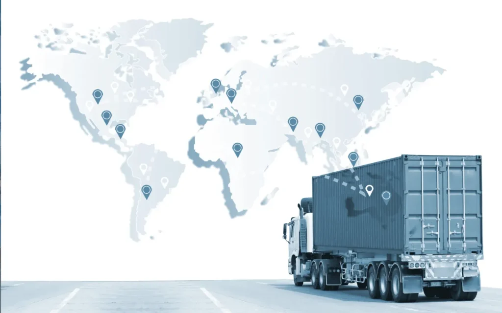 World map marked with location pins beside stacked shipping containers