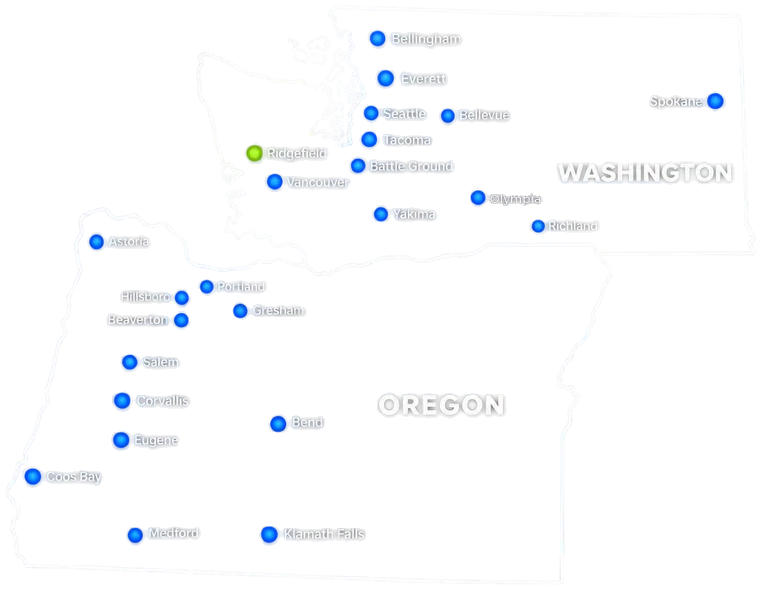 Map of Oregon and Washington marking cities HTG supports, with day-to-day managed IT concentrated around Ridgefield, Vancouver and the Portland metro