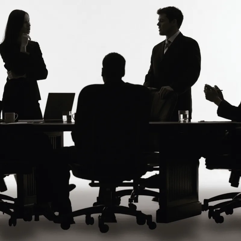 Silhouettes of a professional services team meeting around a conference table