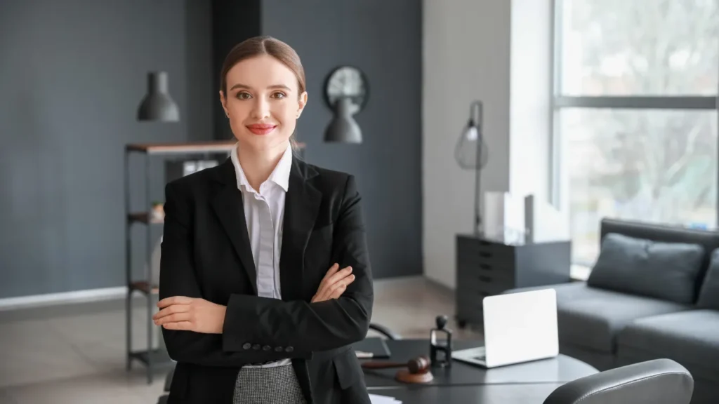 Professional in business attire standing in a modern office